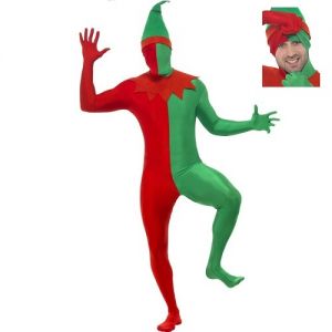 Elf Second Skin Full Body Zentai Suit - Red/Green with Print & Hat