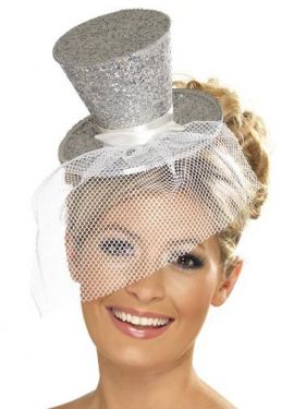 Ladies Fancy Dress - Mini Top Hat on Band - Silver