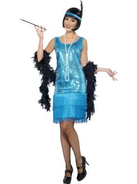 Ladies Blue Flapper Fancy Dress Costume