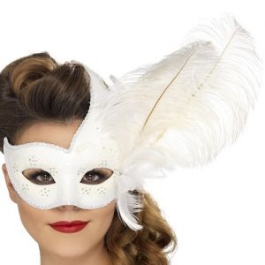 Masquerade Ball Ornate White Colombina Mask with Feather