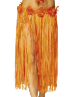 Long Hawaiian Hula Skirt Fancy Dress - Red/Orange