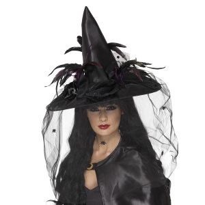 Adult Deluxe Witch Hat with feathers and netting