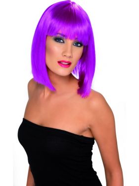 80s Fancy Dress Glam Wig with Fringe - Neon Purple