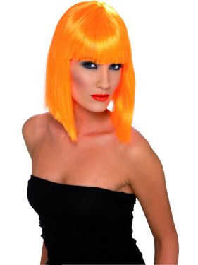 80's Neon Orange Glam Wig with Fringe