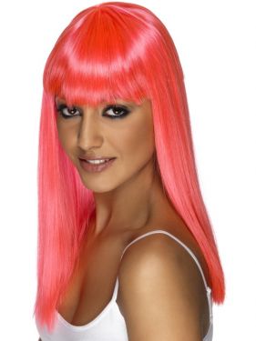 80's Glamourama Wig with Fringe in Neon Pink