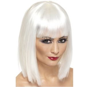 80's Fancy Dress Glam Wig with Fringe - White