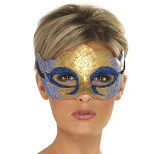 Masquerade Ball Venetian Colombina Farfalla Eye Mask - Gold/Blue