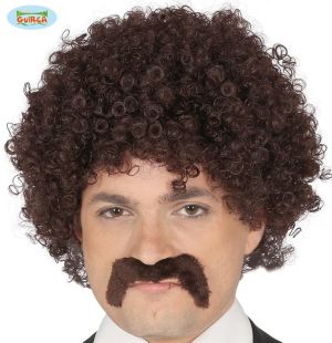 Brown Curly Wig & Moustache