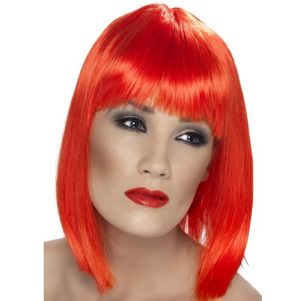 80's Glam Wig with Fringe - Neon Red