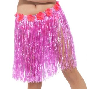 Hawaiian Hula Skirt - Pink with Floral Waist 