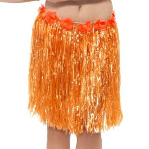 Hawaiian Hula Skirt - Orange with Floral Waist 