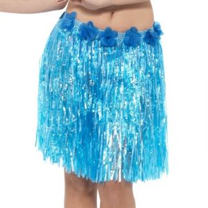 Hawaiian Hula Skirt - Blue with Floral Waist 