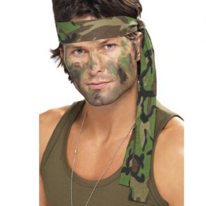 A man wearing a camo printed army headband