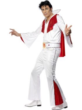 Mens Elvis Fancy Dress Costume & Cape - White/Red - M & L