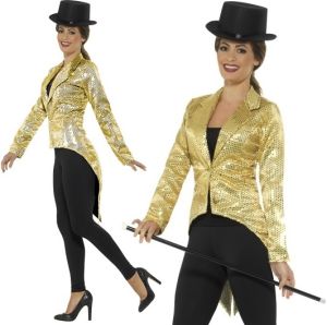 Ladies Gold Sequin Tailcoat Fancy Dress Jacket 