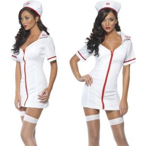 Sexy Fever Nurse Fancy Dress Costume - White/Red - XS, S, M or L