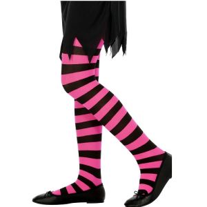 Childrens Halloween Girls Striped Tights - Black/Fuchsia