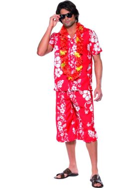 Mens Fancy Dress - Hawaiian Hunk Costume - Red/White - Medium