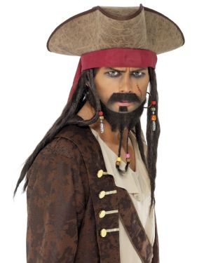 Pirate Fancy Dress Faux Suede Hat with Dreadlocks & Beads