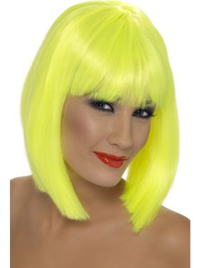 80's Glam Wig with Fringe - Neon Yellow