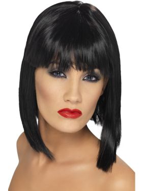 80's Fancy Dress Black Glam Wig with Fringe