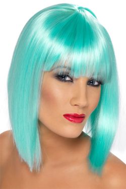 80s Fancy Dress Fringed Glam Wig  - Neon Aqua