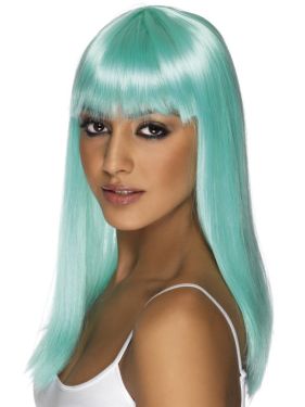 80s Neon Aqua Glamourama Wig with Fringe