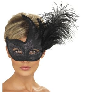 Masquerade Ball Ornate Colombina Flame Mask with Feather - Black