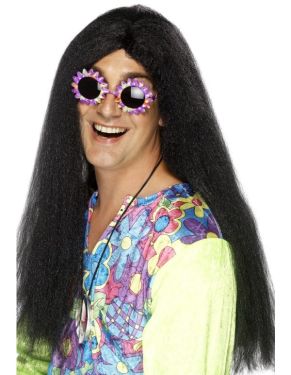 Mens 60s Black Hippy Fancy Dress Wig