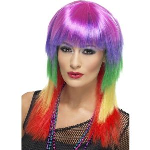 Ladies 80s Fancy Dress Rainbow Rocker Wig 