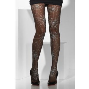 Ladies Fancy Dress Spiderweb Print Tights - Black