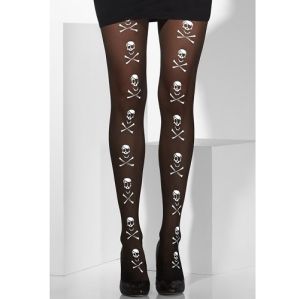 Ladies Fancy Dress Skull & Crossbones Print Tights - Black