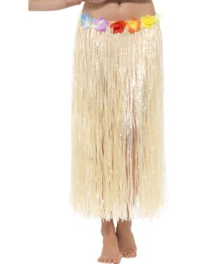 Hawaiian Hula Skirt  - Natural with Floral Waist 