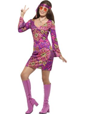 Ladies 60s Woodstock Hippy Chick Costume - S M L & XL 