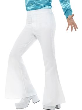 Mens 70s Disco Fancy Dress Flared Trousers - White