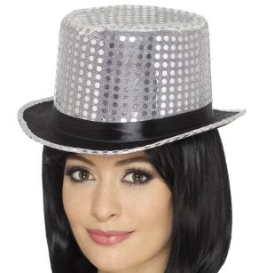 Adult Fancy Dress Sequin Top Hat - Silver