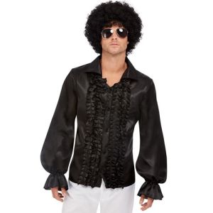 Mens 60s 70s Disco Ruffle Shirt - Black