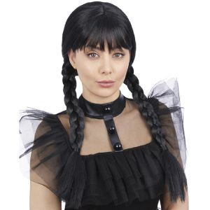 Ladies Gothic Schoolgirl Plaited Wig - Black