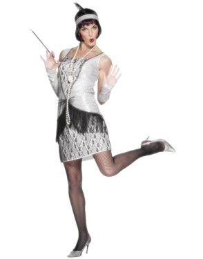 Ladies Deluxe 20s Flapper Dress Costume - Silver 