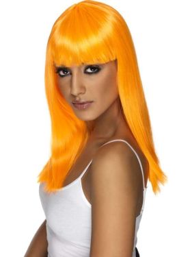 80's Glamourama Wig with Fringe Neon Orange