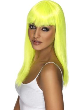 80's Glamourama Wig with Fringe Neon Yellow