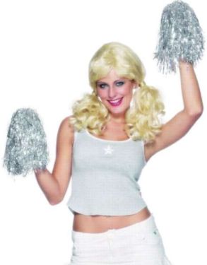 Fancy Dress Cheerleader Style Pom Poms - Metallic Silver