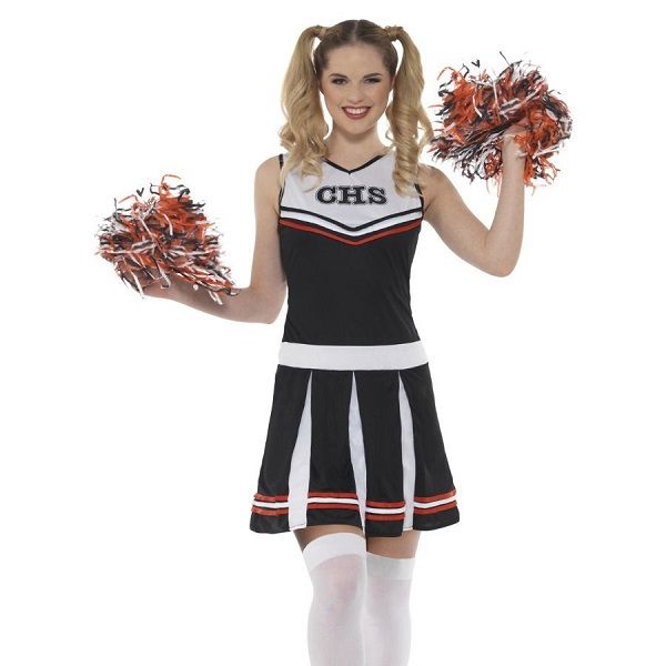 Ladies 80s Black Cheerleader Fancy Dress Costume