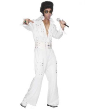 Elvis Fancy Dress Mens Deluxe Costume - White/Jewelled - Large